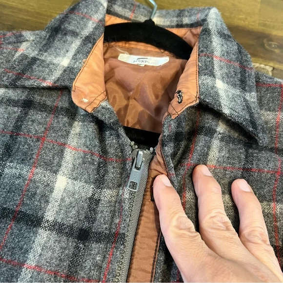 Briggs Vintage Plaid Wool Shirt Button Down Zipper Boxy Grid Window Pane Gray M - Picture 8 of 12